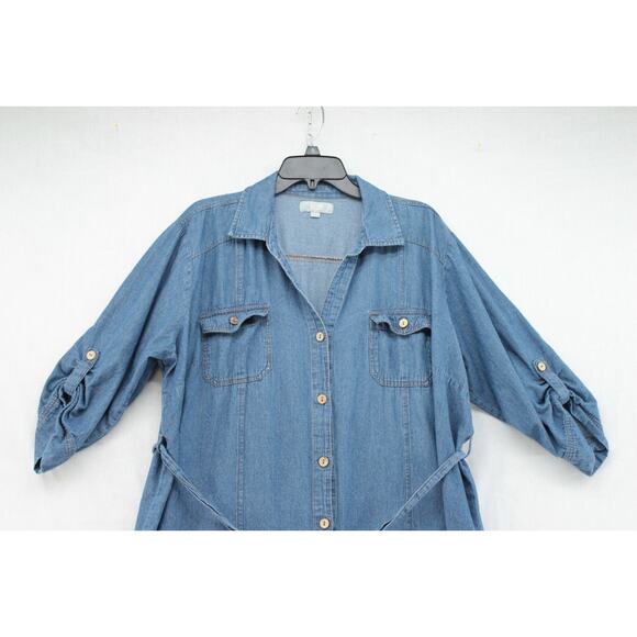 J. Gee Modest Denim Button Down Shirt Dress Size 3X Blue Tab Sleeve Pockets - Picture 3 of 9